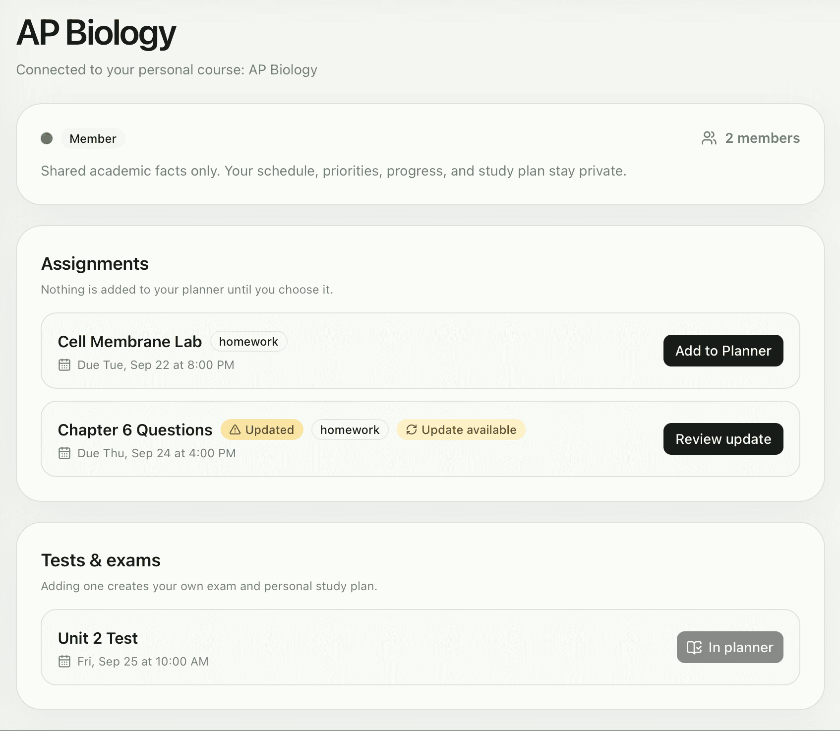 The real AP Biology Shared Class page showing private membership details, shared assignments, an update available, and a test already added to the planner.